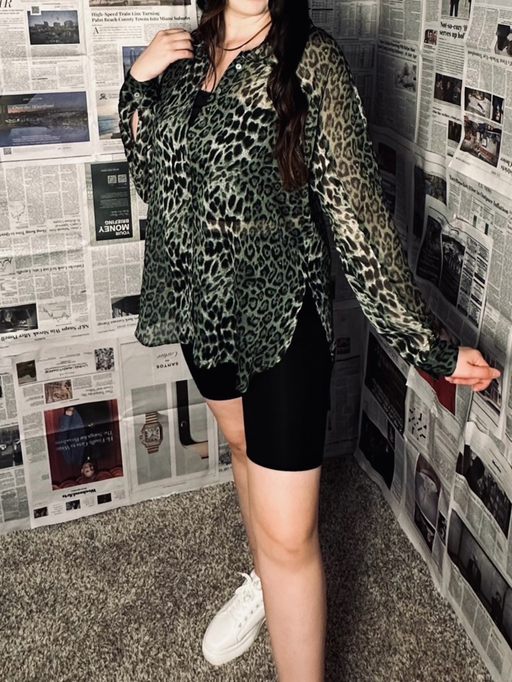 Women's Green Leopard Print Sheer Blouse
